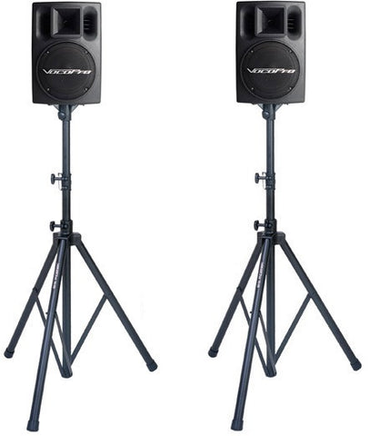 '- Pair of 8" 200 Watts Powered Speakers with Stands & Mixer - Seattle Karaoke - Rental - Speakers & Stands